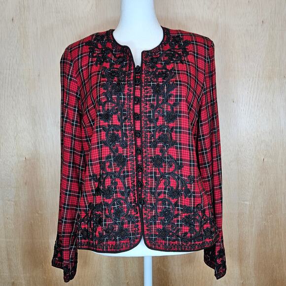 Vintage Sarah‎ Elizabeth Red/Black/White Plaid Floral Embroidered Jacket Size 8 - Picture 1 of 8